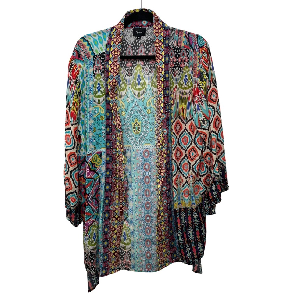 Shana Boho Patchwork Kimono Open Cardigan Viscose Silk Multi Color M Layer Artsy